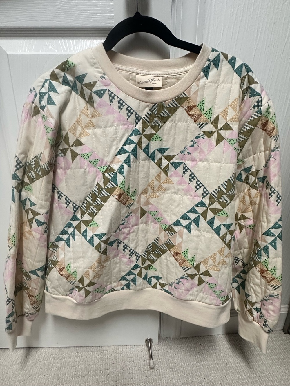 Universal Thread Quilted Crewneck Sweatshirt - Cream with Teal, Pink & Tan